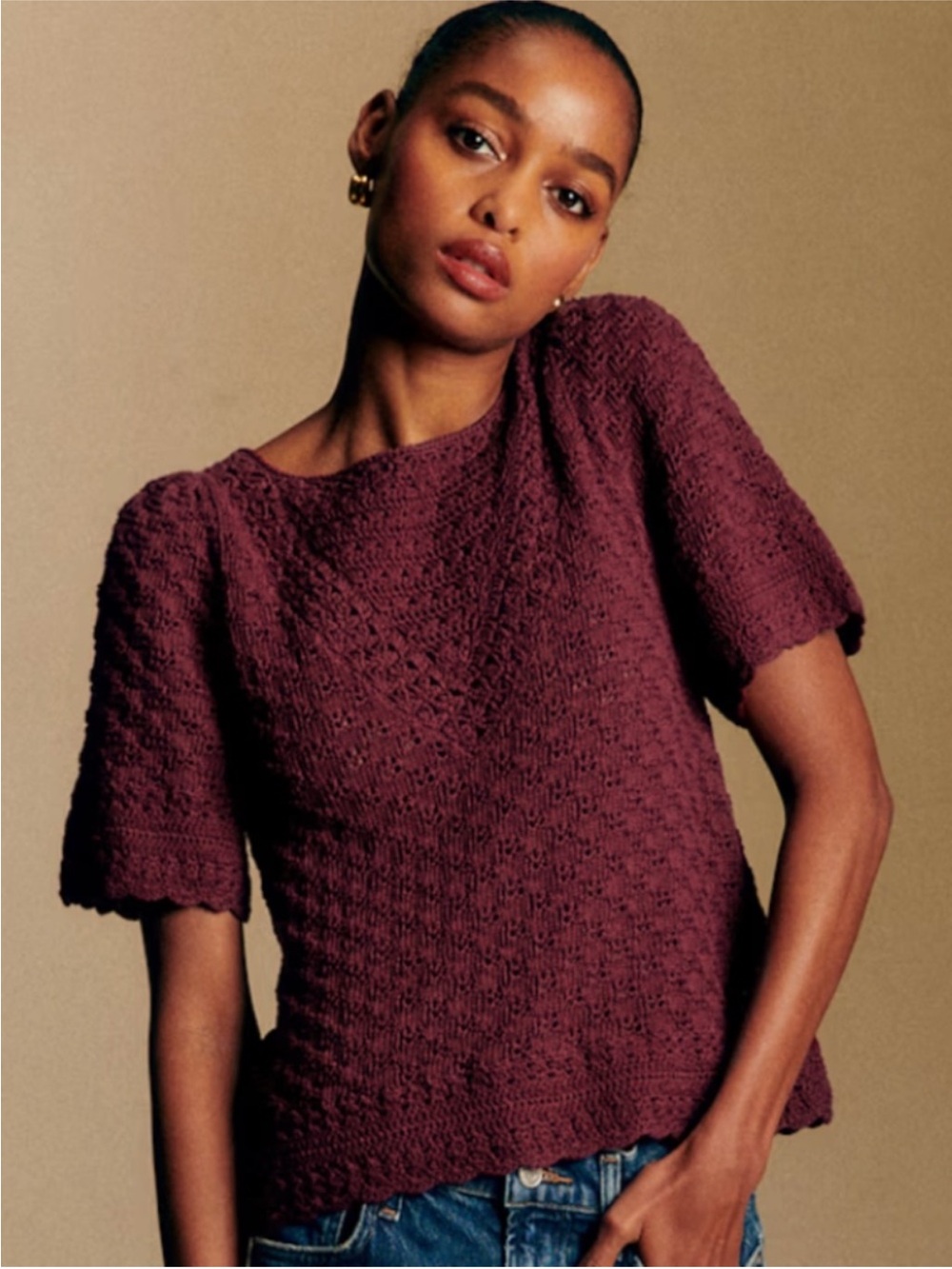 NWT Sezane Lalia Open Knit Crochet Sweater Top Jumper Bordeaux Burgundy Sz XS